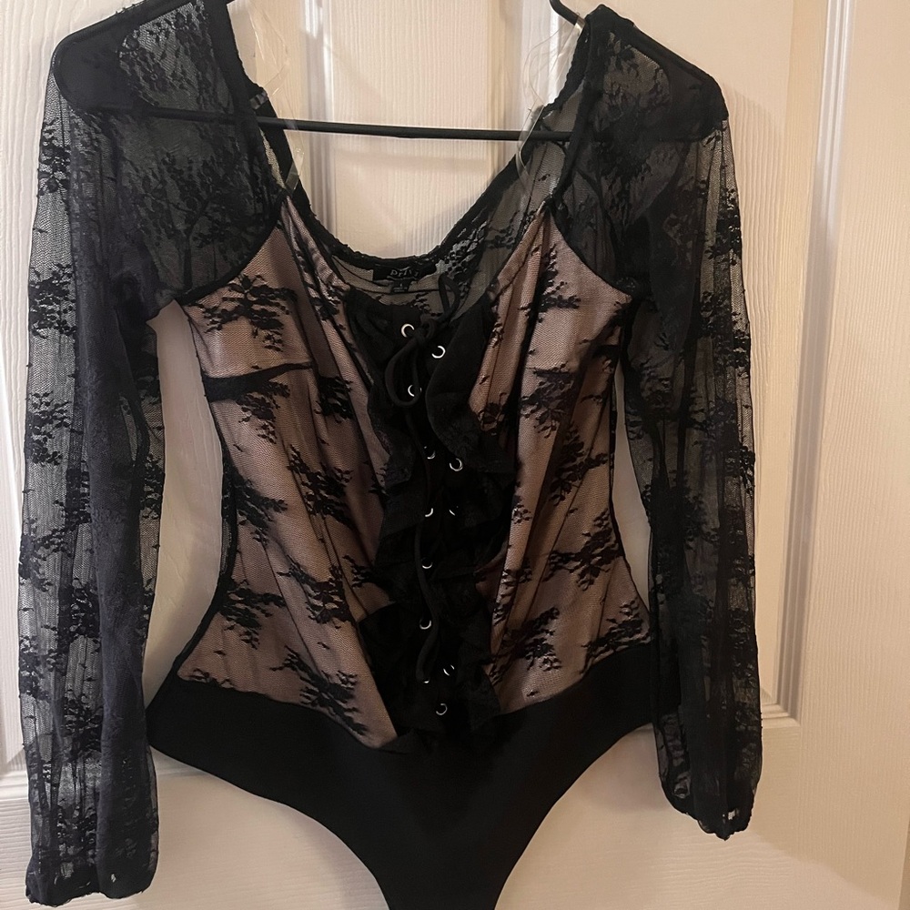Privy Black and Tan Lace Up Off the Shoulder Bodysuit